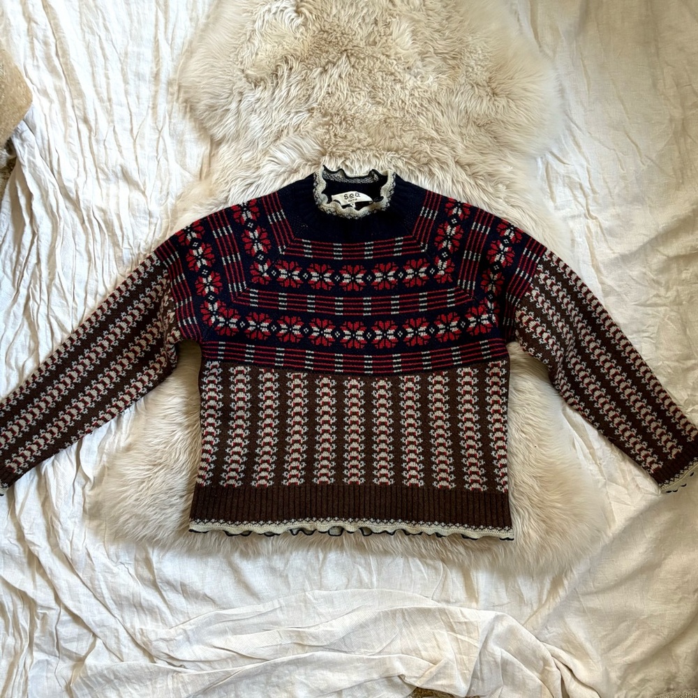 Sea NY Fair Isle 100% Wool Ayla Sweater in Navy/Brown/Red (Size S)